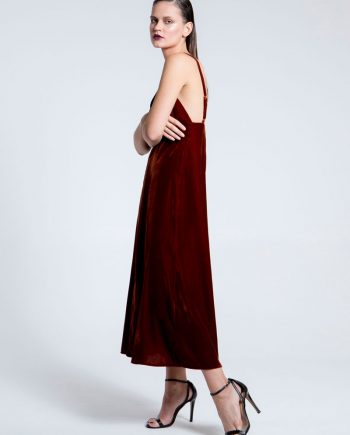 Our model in the Velvet Kiss Midi Dress Cinnamon Shade