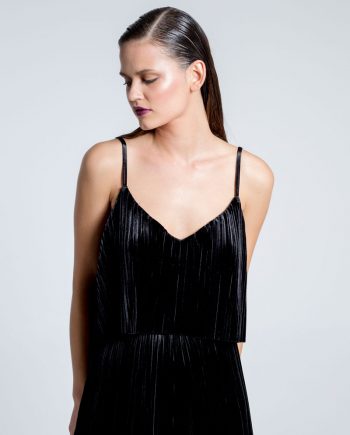 Our model in the Velvet Pleated Top Front