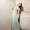 Our model in the Josephine de Beauharnais Slip Dress in a Peanut shade from the front